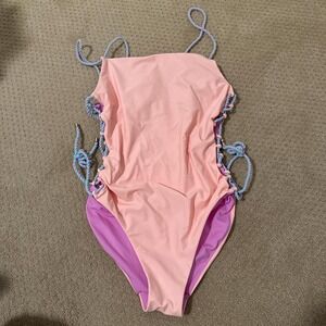 Baby‎ Pink one piece swimsuit with blue and purple rope details